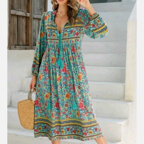 New R Vivimos NEW Aqua Blue Floral Midi Dress Long Sleeve Bohemian Women’s L - Picture 1 of 4